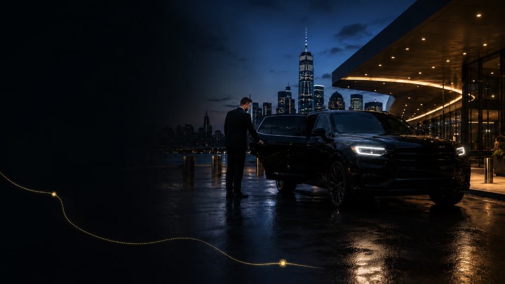 Luxury black SUV with professional chauffeur at night